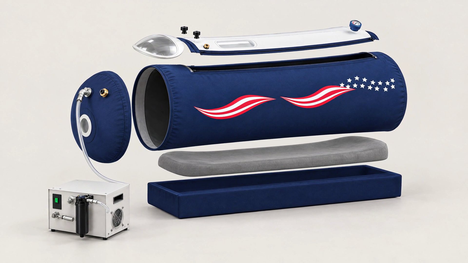 Exploded view of the Vitaeris 320 chamber: top panel with dome window, navy body, mattress, base, end cap and compressor