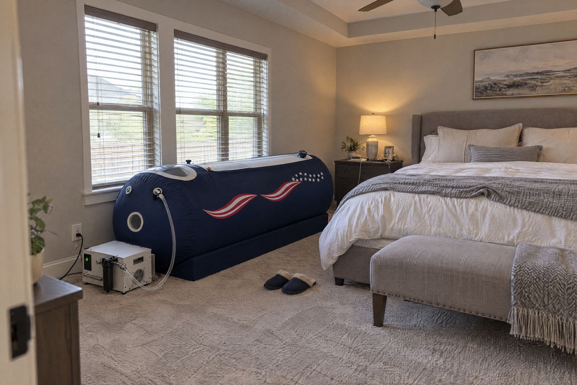 A hyperbaric chamber set up at the foot of a bed in a bright bedroom