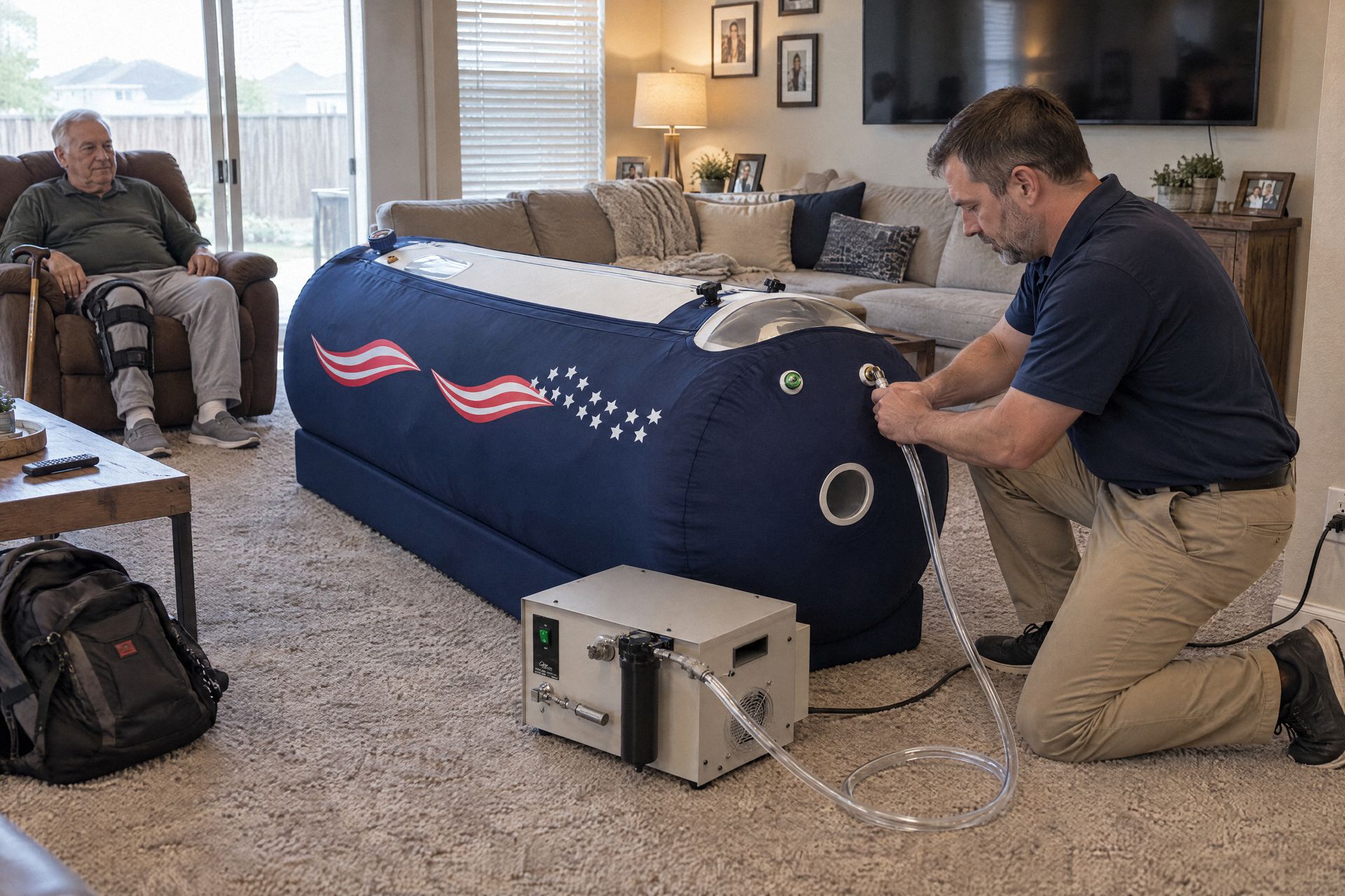 A technician connects the air hose to a chamber in a family living room