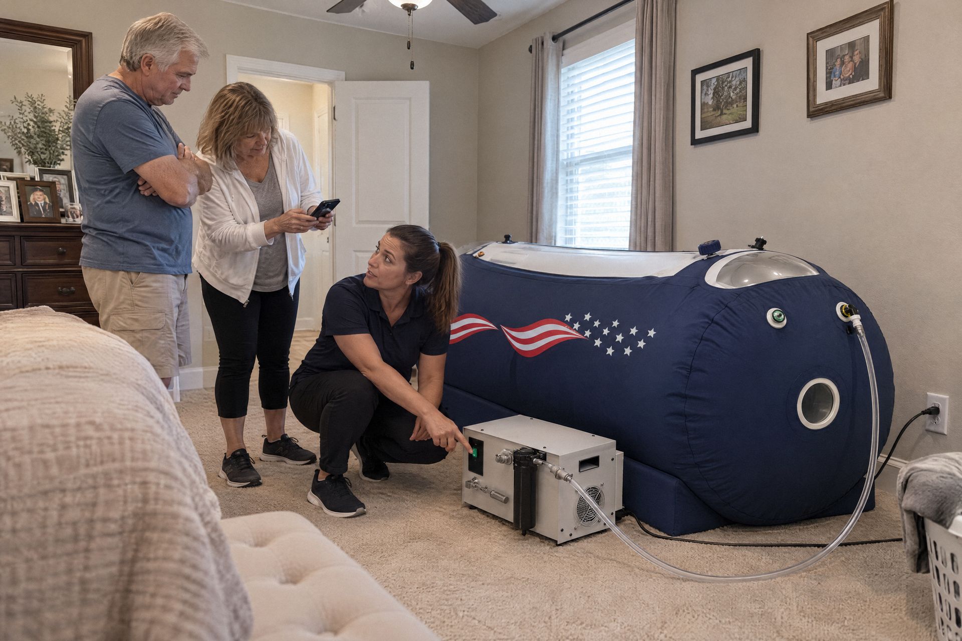 A Next Level team member shows a couple how to use their new chamber at home