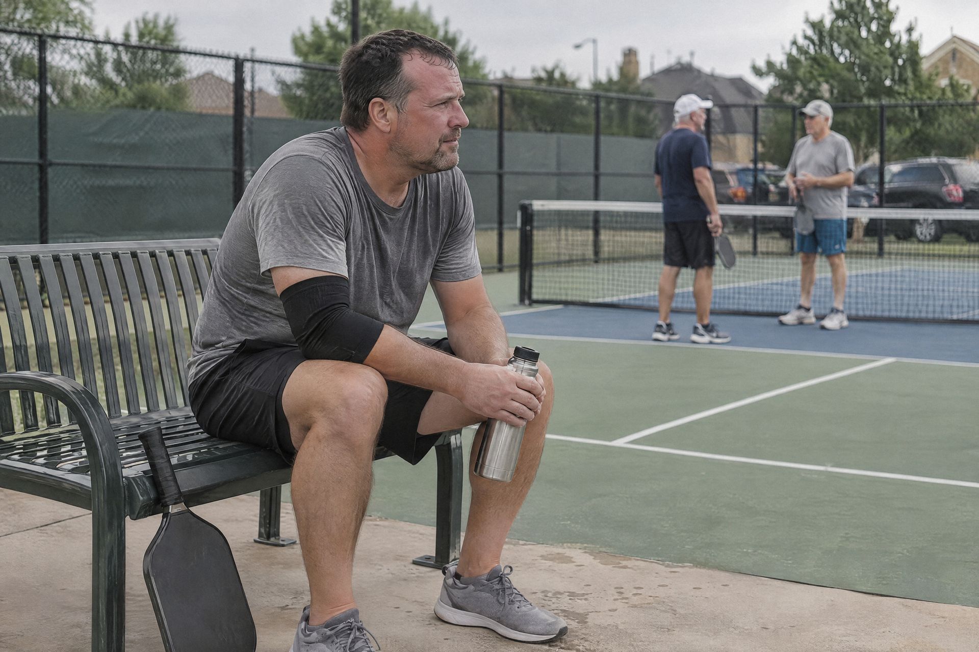 A man catches his breath on a bench beside a pickleball court