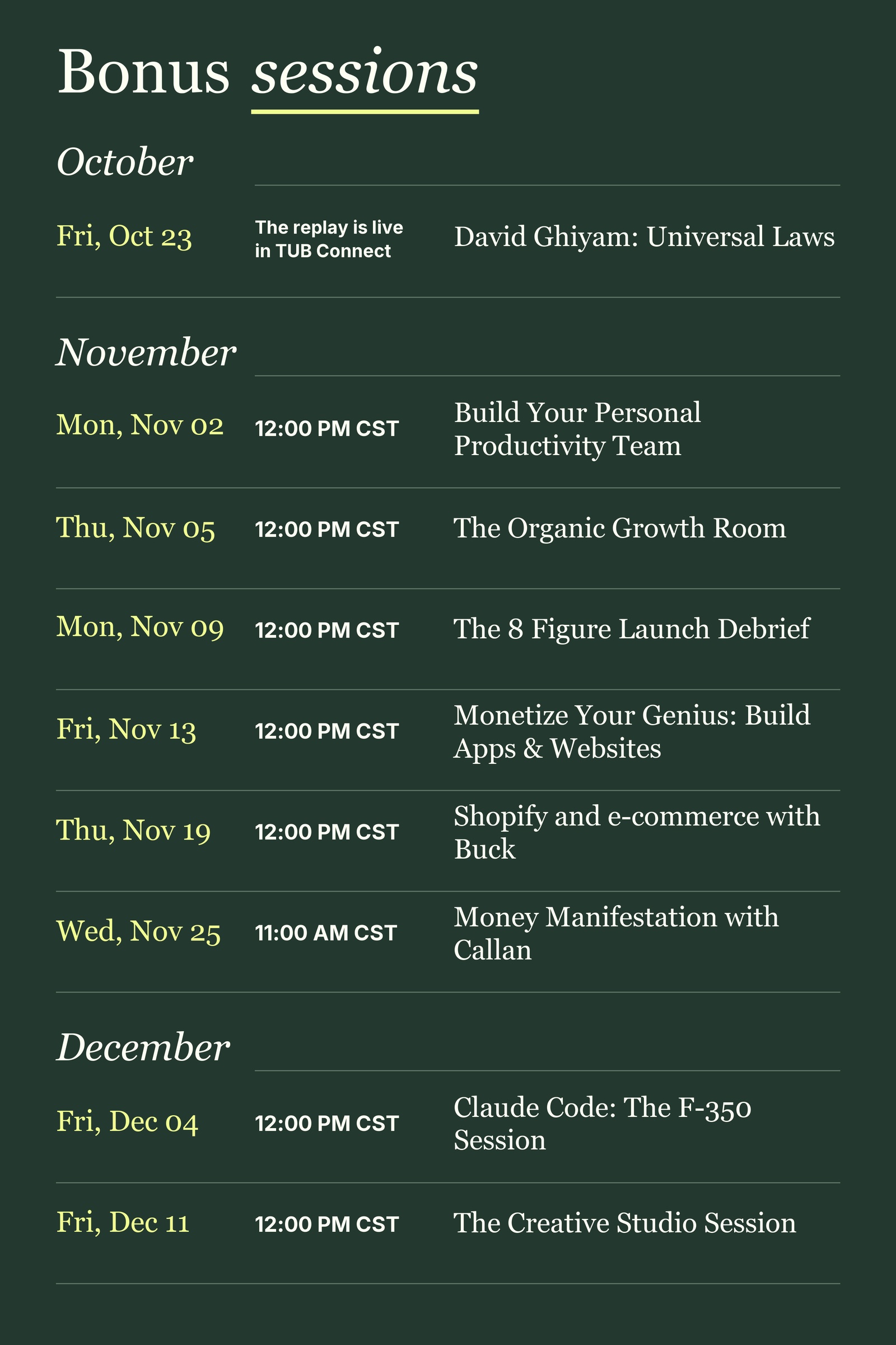 Bonus sessions list